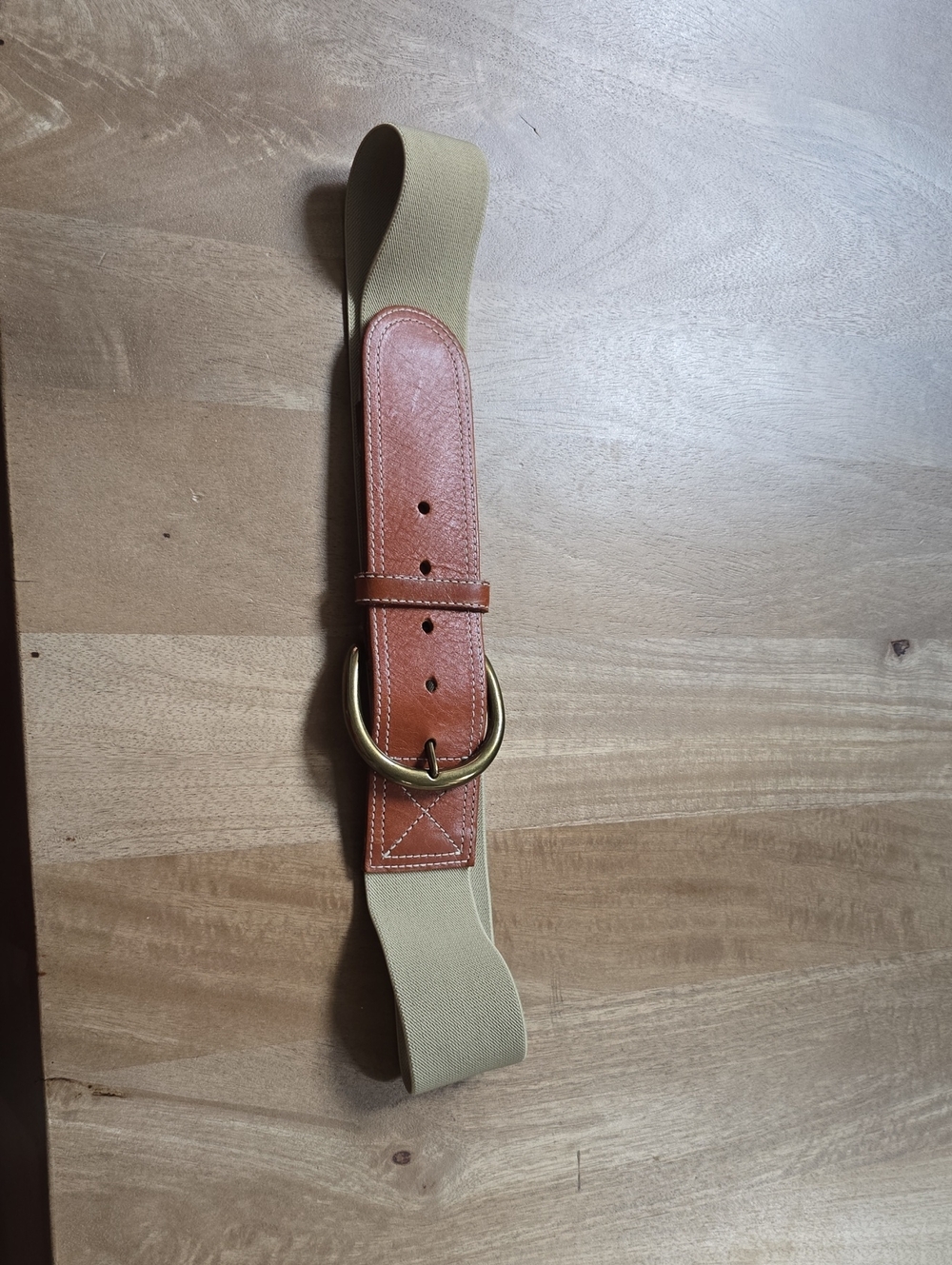 Tan Elastic Belt with Leather Accents and Gold Buckle